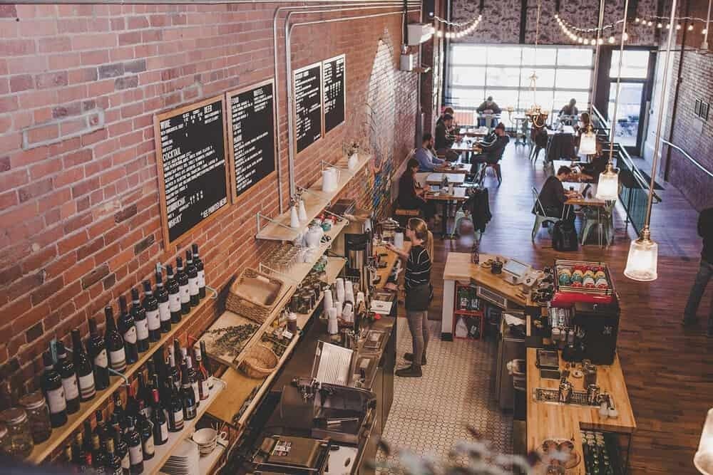 Overhead view of a busy Pittsburgh coffee shop