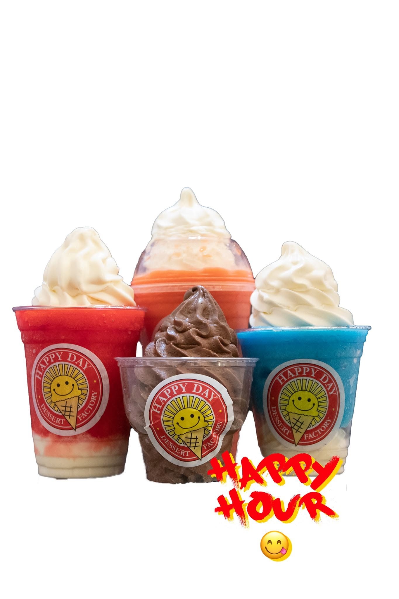 Happy Day Dessert Factory colorful ice cream cups with whipped cream toppings