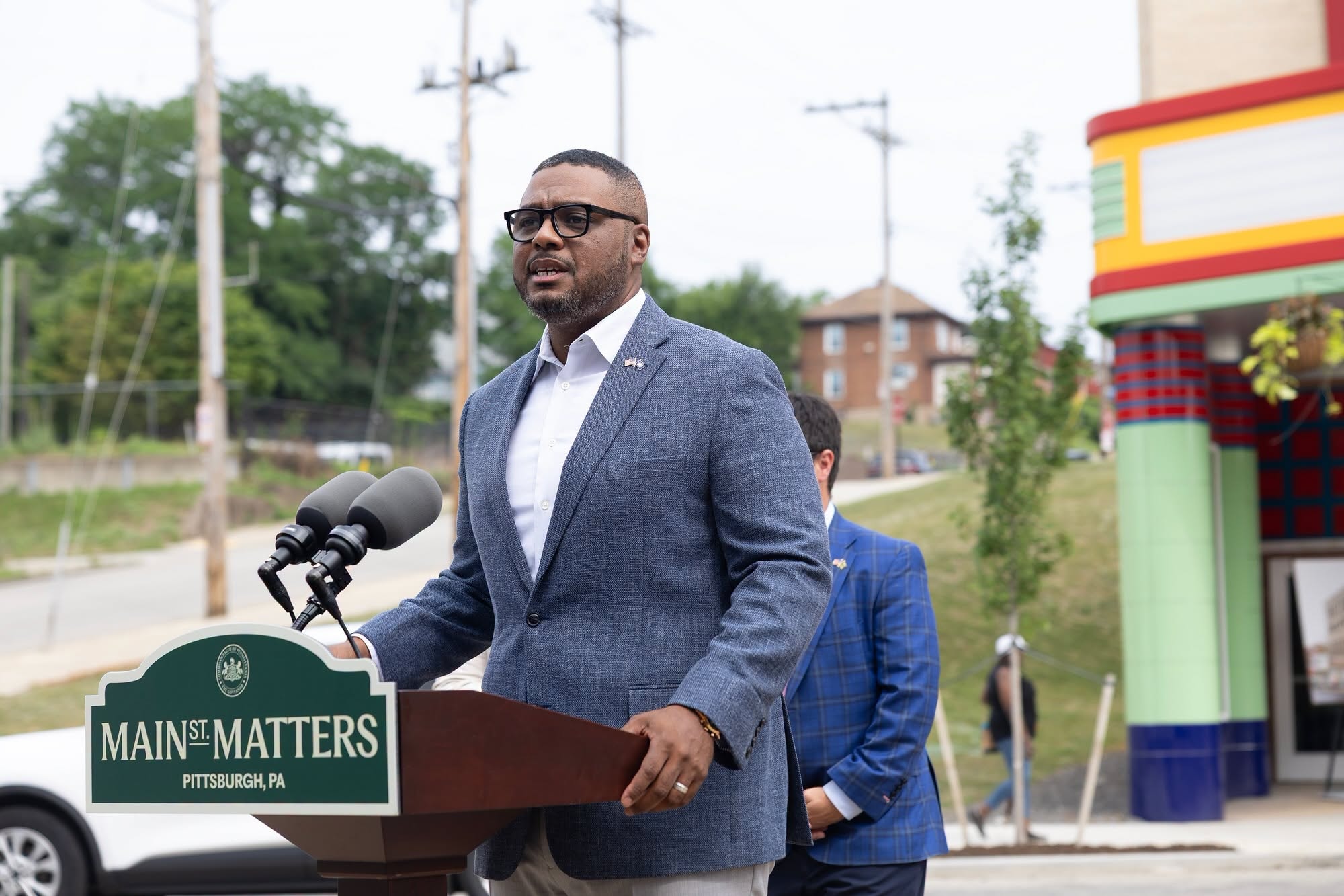 Lieutenant Governor Austin Davis speaking at the Main St. Matters announcement, Hill District Pittsburgh