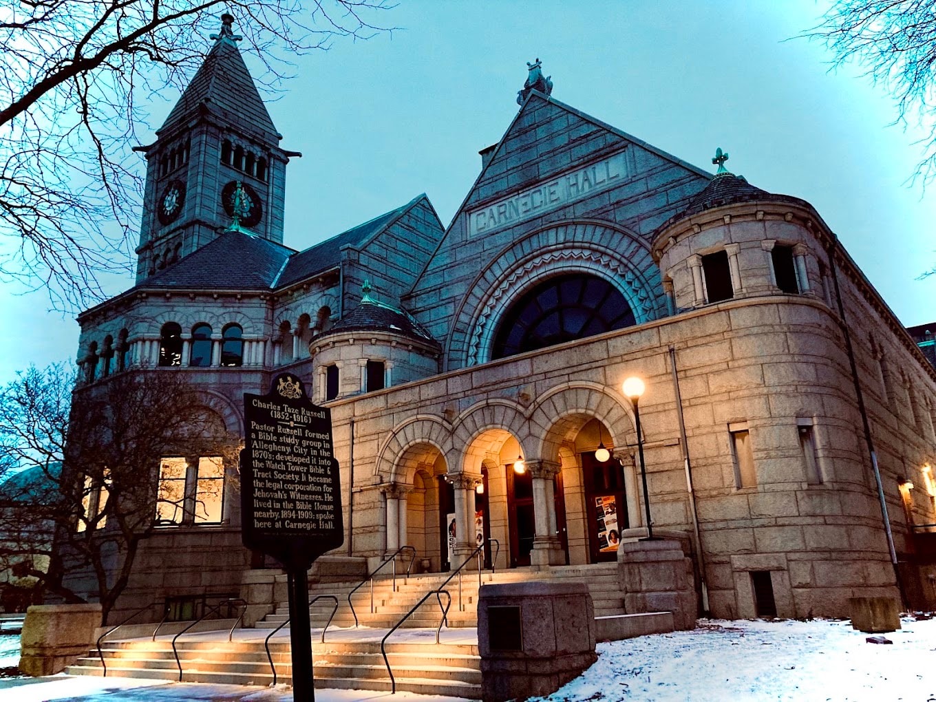 Carnegie Hall exterior at night — New Hazlett Theater