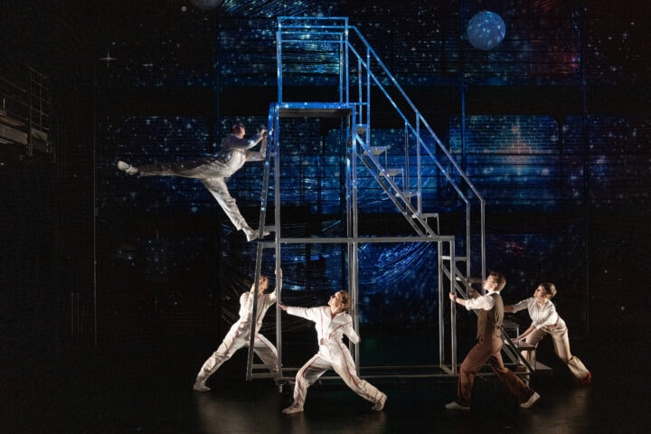 Ensemble performance on scaffold set at New Hazlett Theater