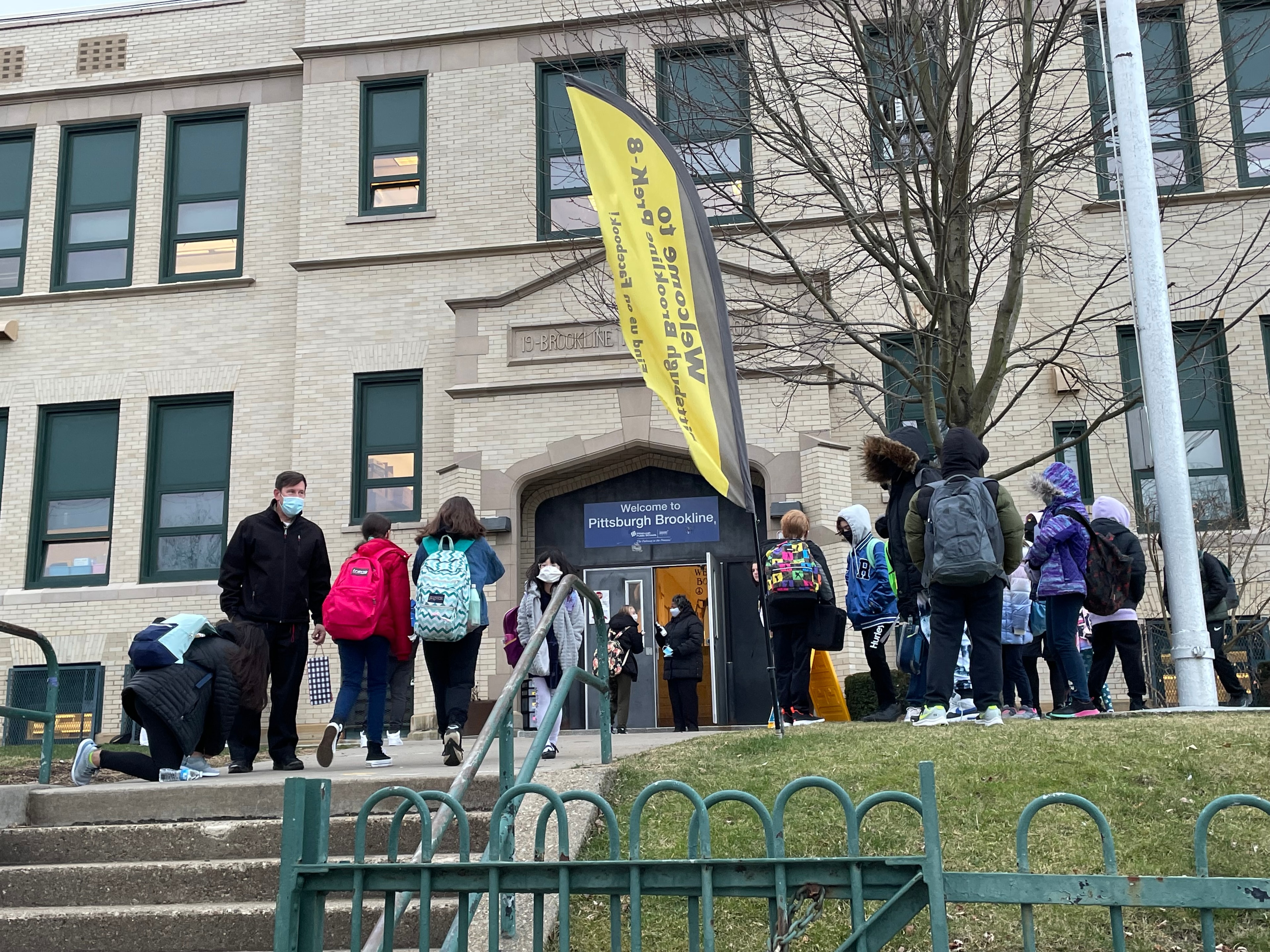 Students arriving at Pittsburgh Brookline school, one of the Pittsburgh Public Schools buildings affected by the district restructuring plan