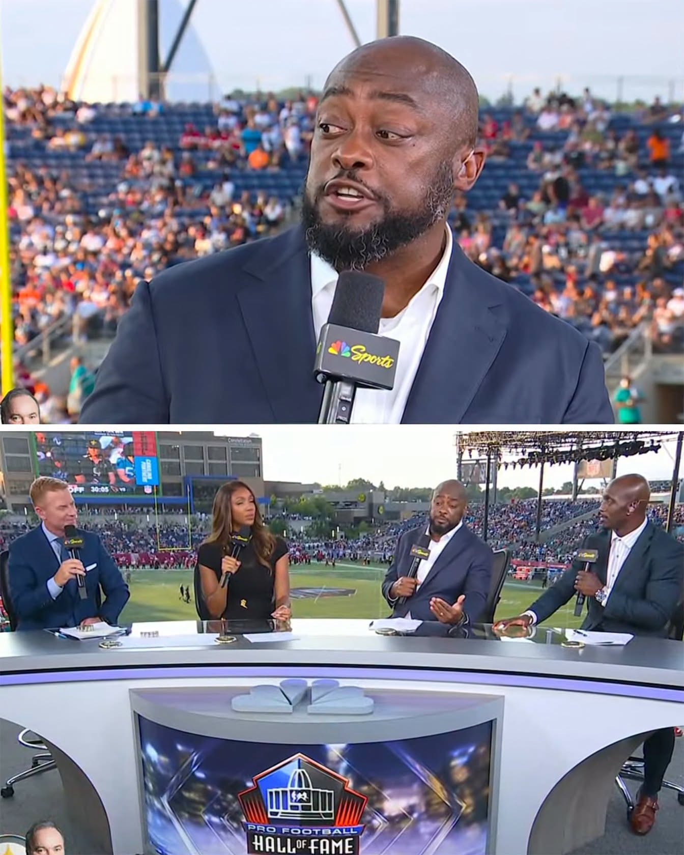 Mike Tomlin on the NBC Sports broadcast — sideline and studio composite