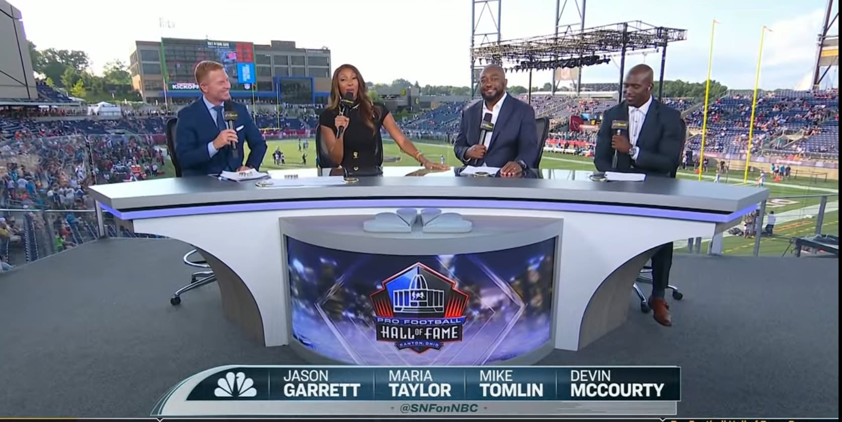 Mike Tomlin at the NBC Sports desk at the Pro Football Hall of Fame